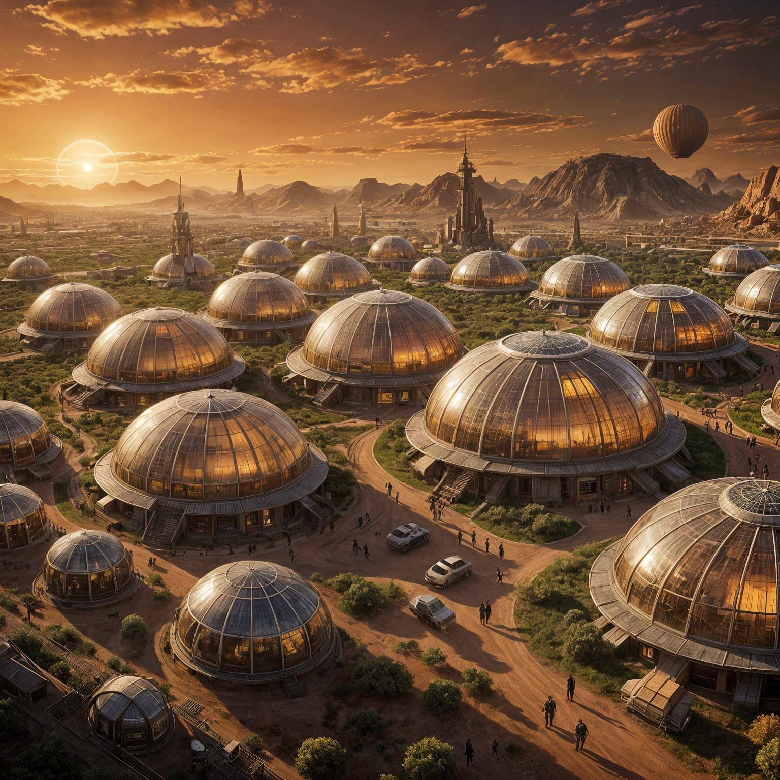 Martian Colony at Sunset in Golden Hour Light