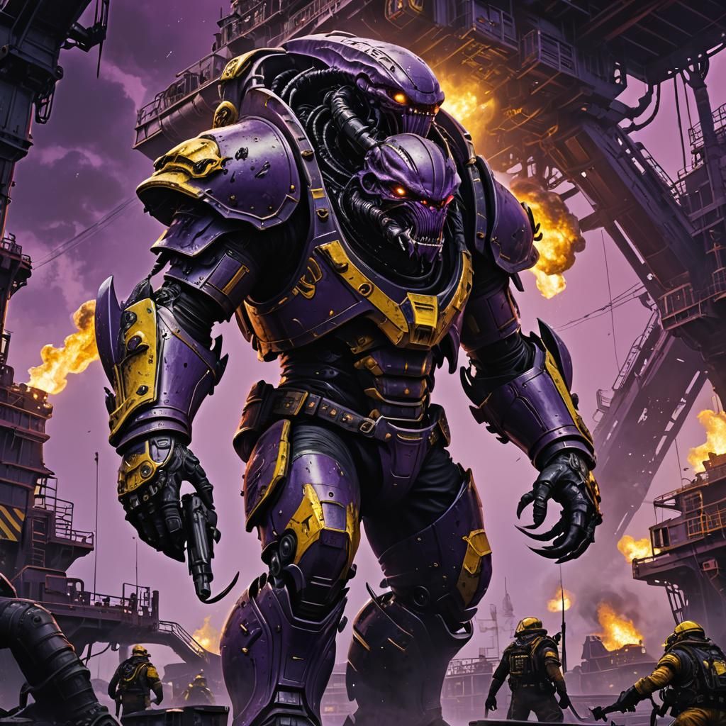 Alien Grenadier Invades Oil Rig: Dark Fantasy Art