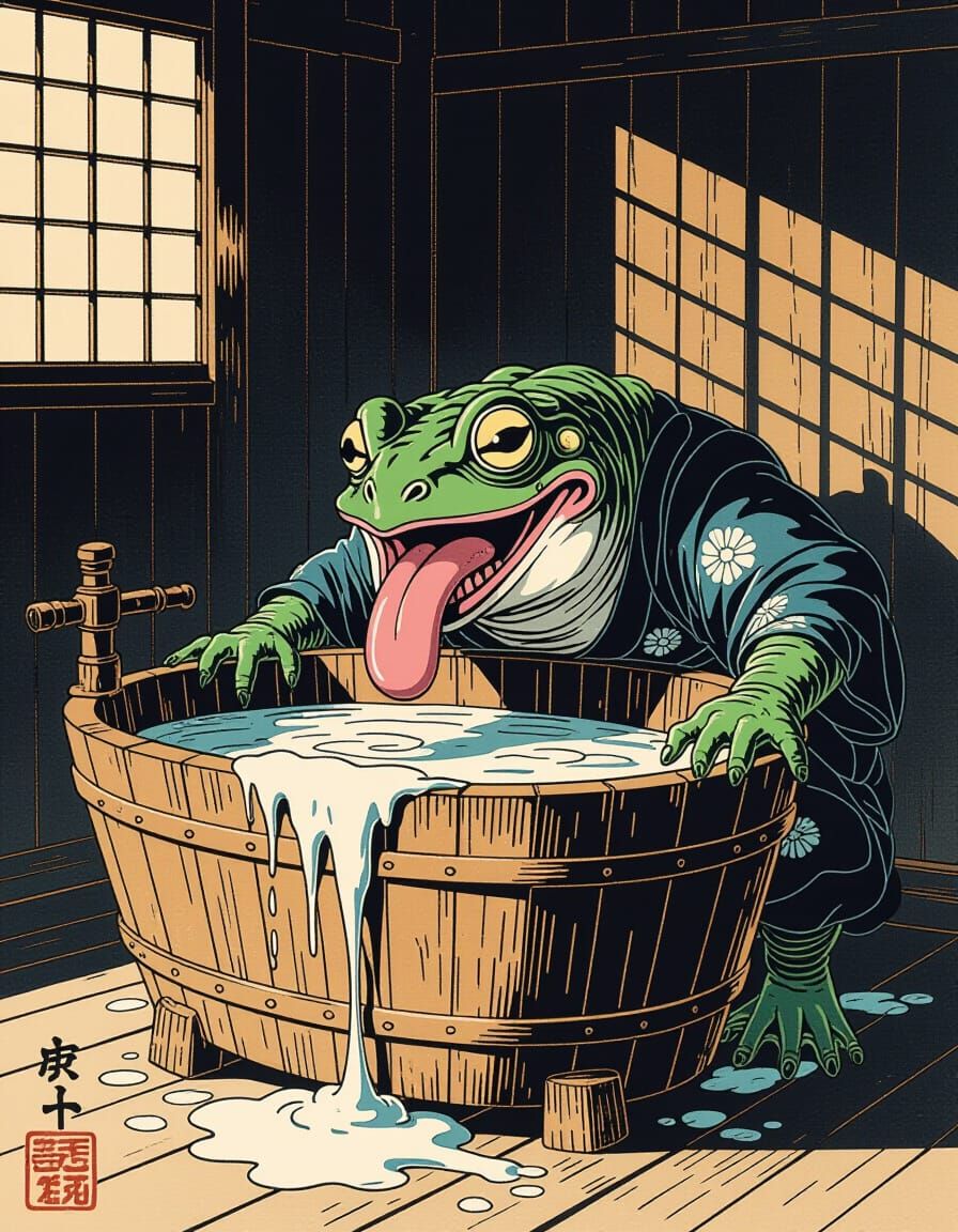 Grotesque Akaname Licking Bathtub Grime in Woodblock Style