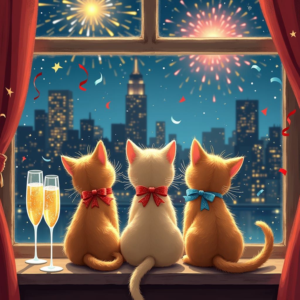Whimsical Kittens Celebrate New Year's Eve in a Vibrant City...