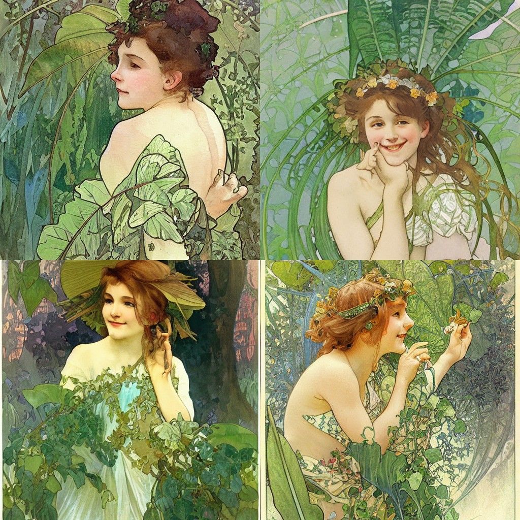 Girl in Rainy Forest, Alphonse Mucha Style Watercolor