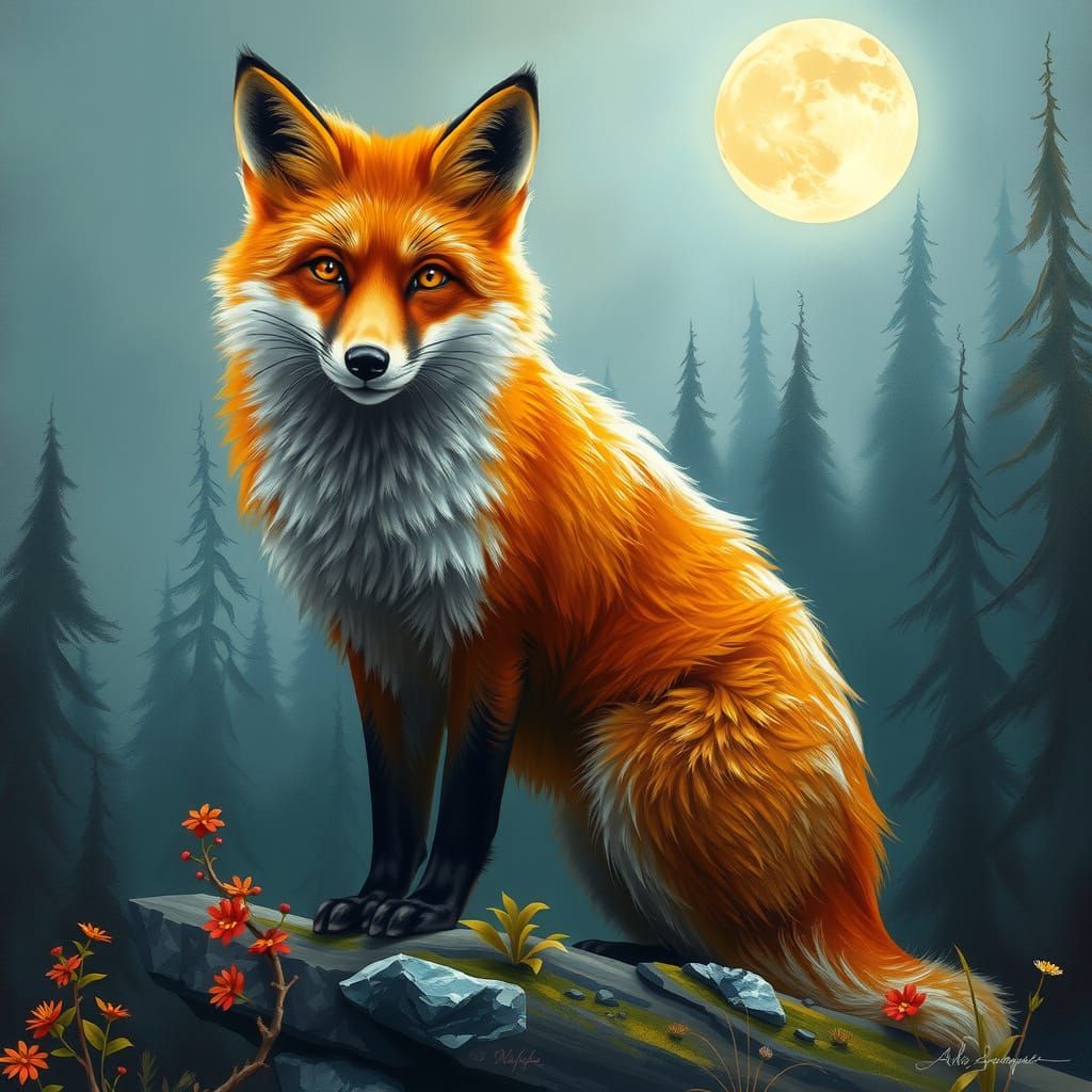 Majestic Red Fox in Moonlit Impressionist Forest