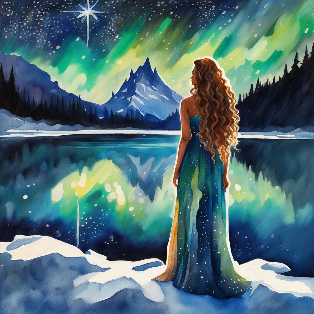 Aurora Borealis Reflected in Frozen Lake: Impasto Gouache