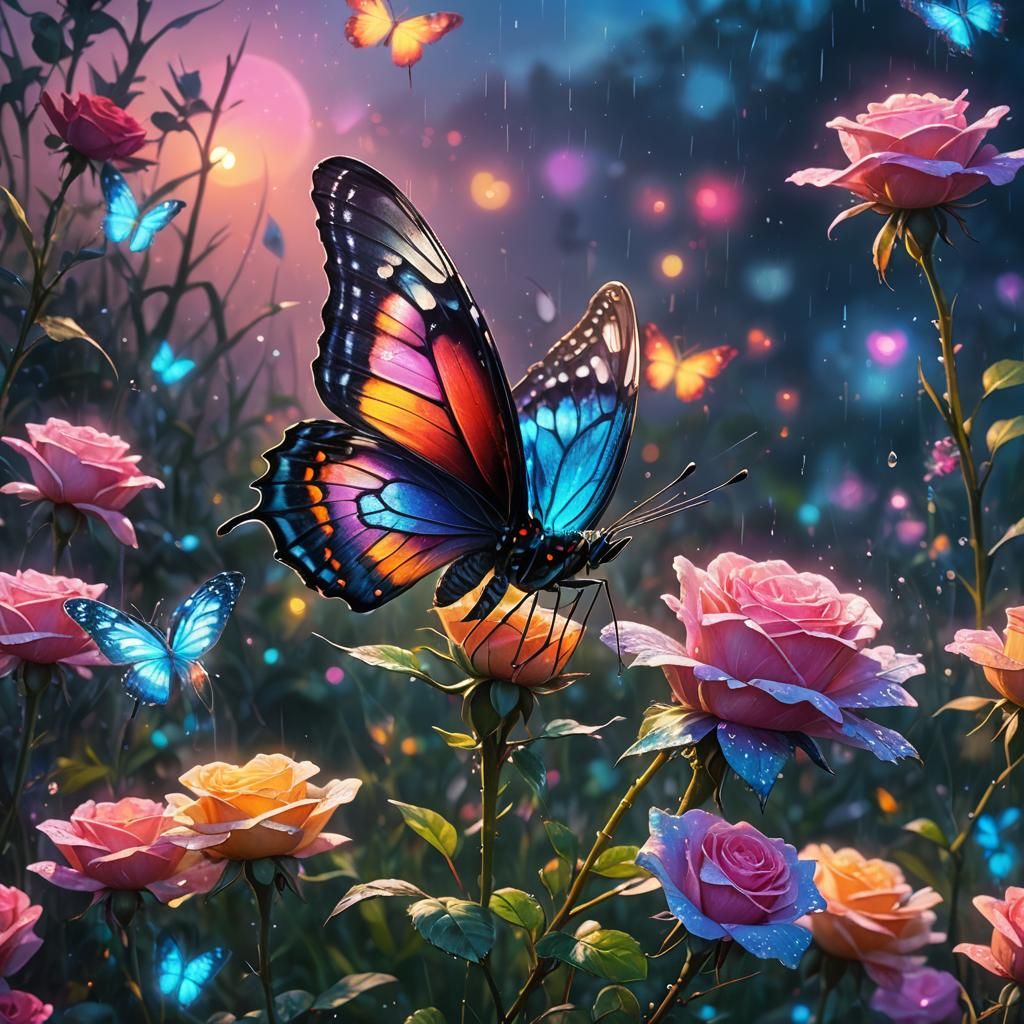 Butterfly on Neon Rose: Fantasy Concept Art