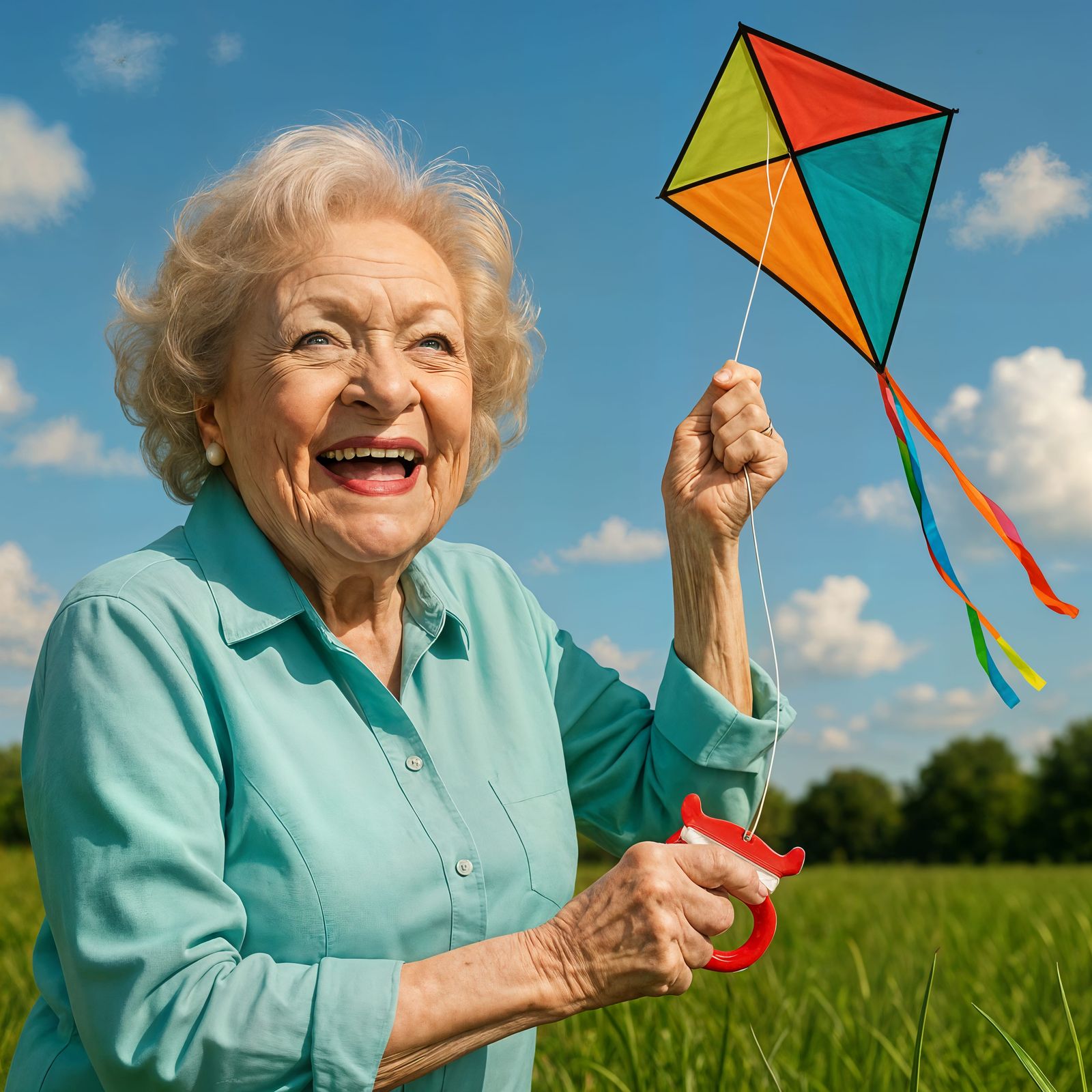 Happy Betty White Flying a Kite on Sunny Day