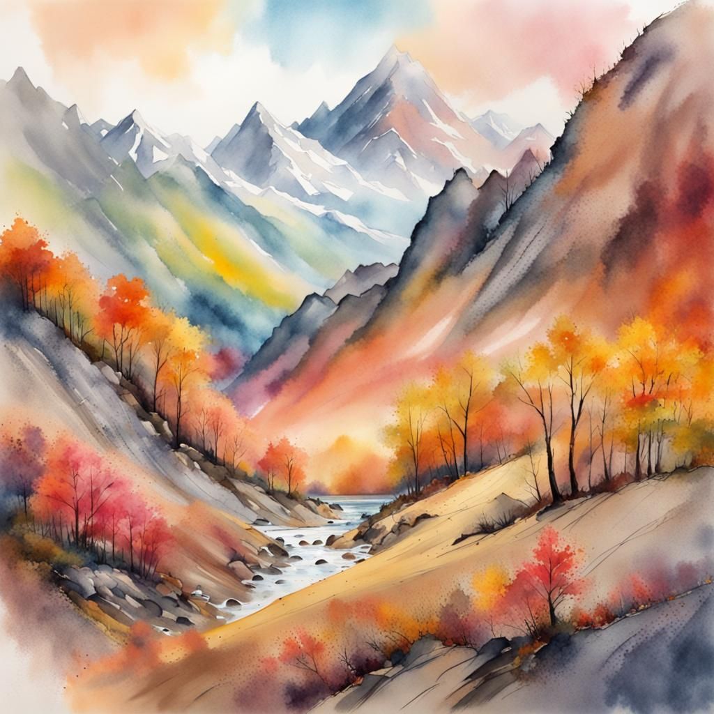 Autumn Mountain Landscape Watercolour Painting