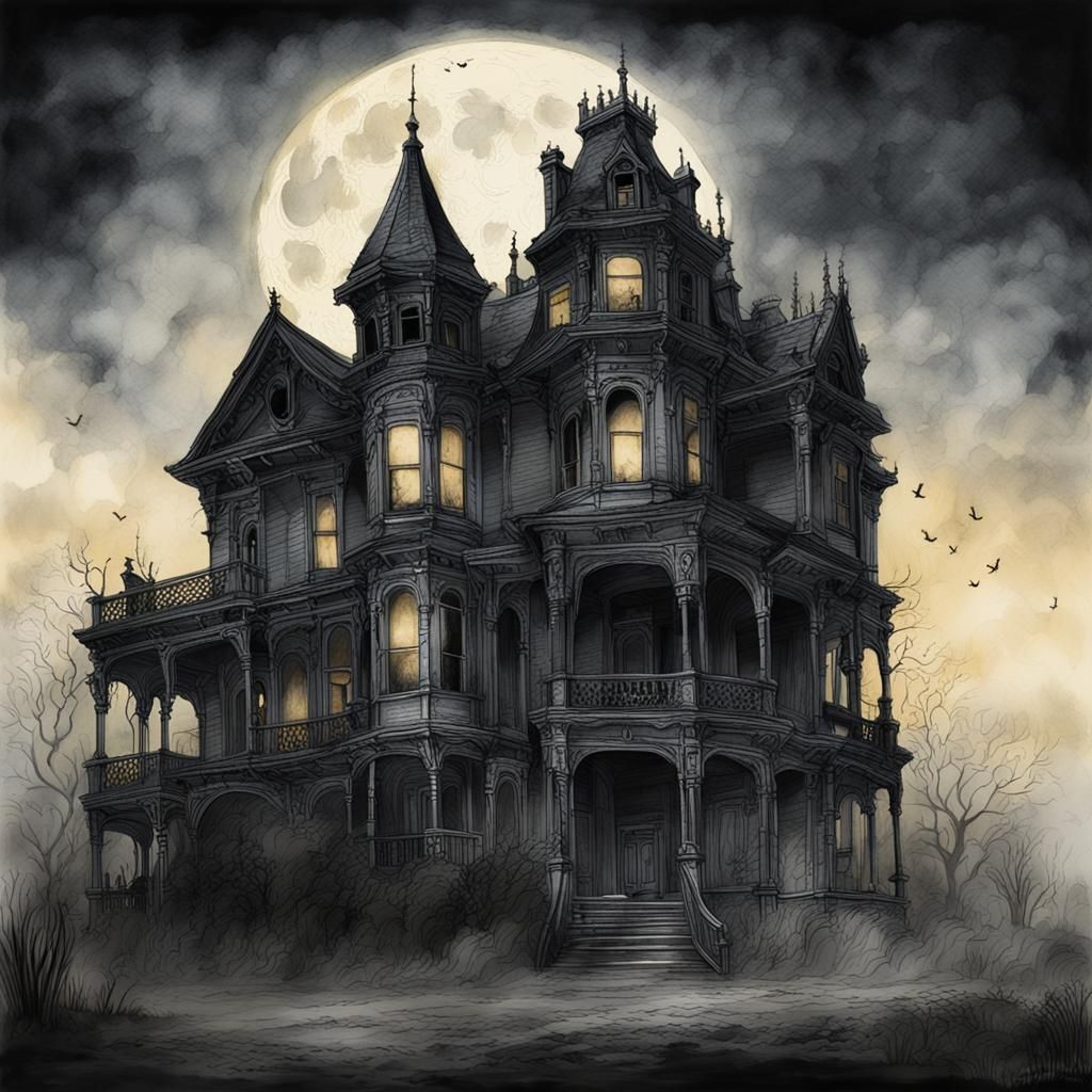 Decaying Victorian Mansion in Charcoal Sketch Style