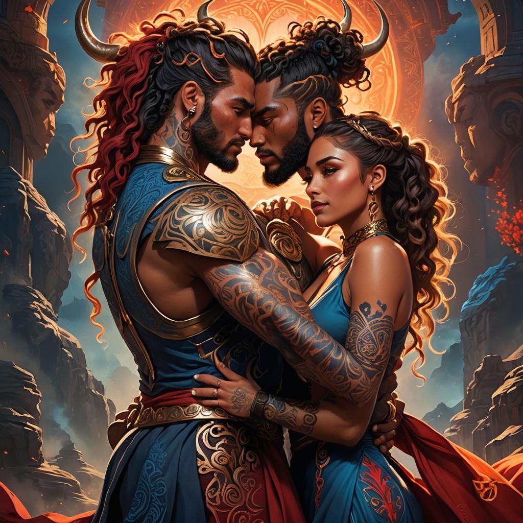 Fantasy Hero and Girl Embrace in Detailed Matte Painting