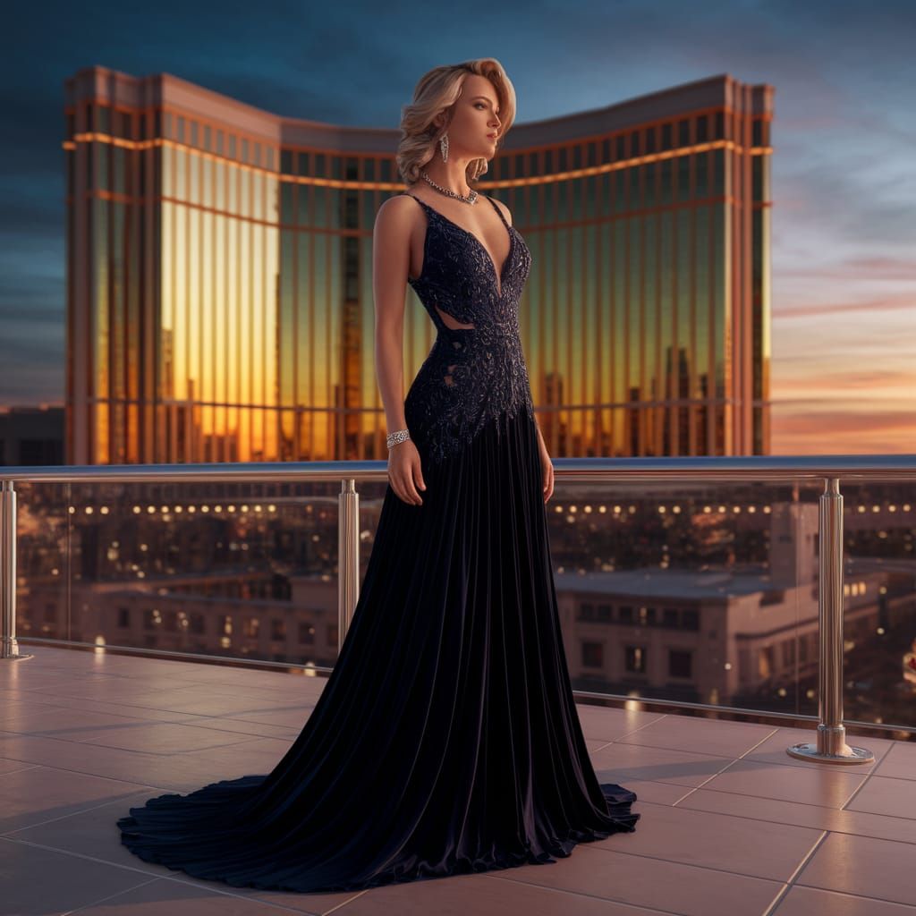 Woman in Navy Gown on Vegas Terrace