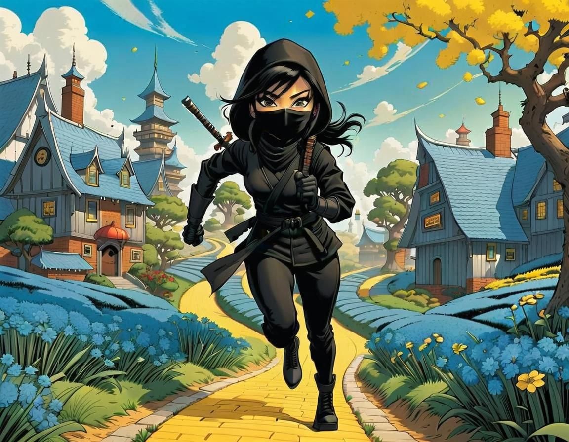 Ninja Girl on Yellow Brick Road in Comic Style