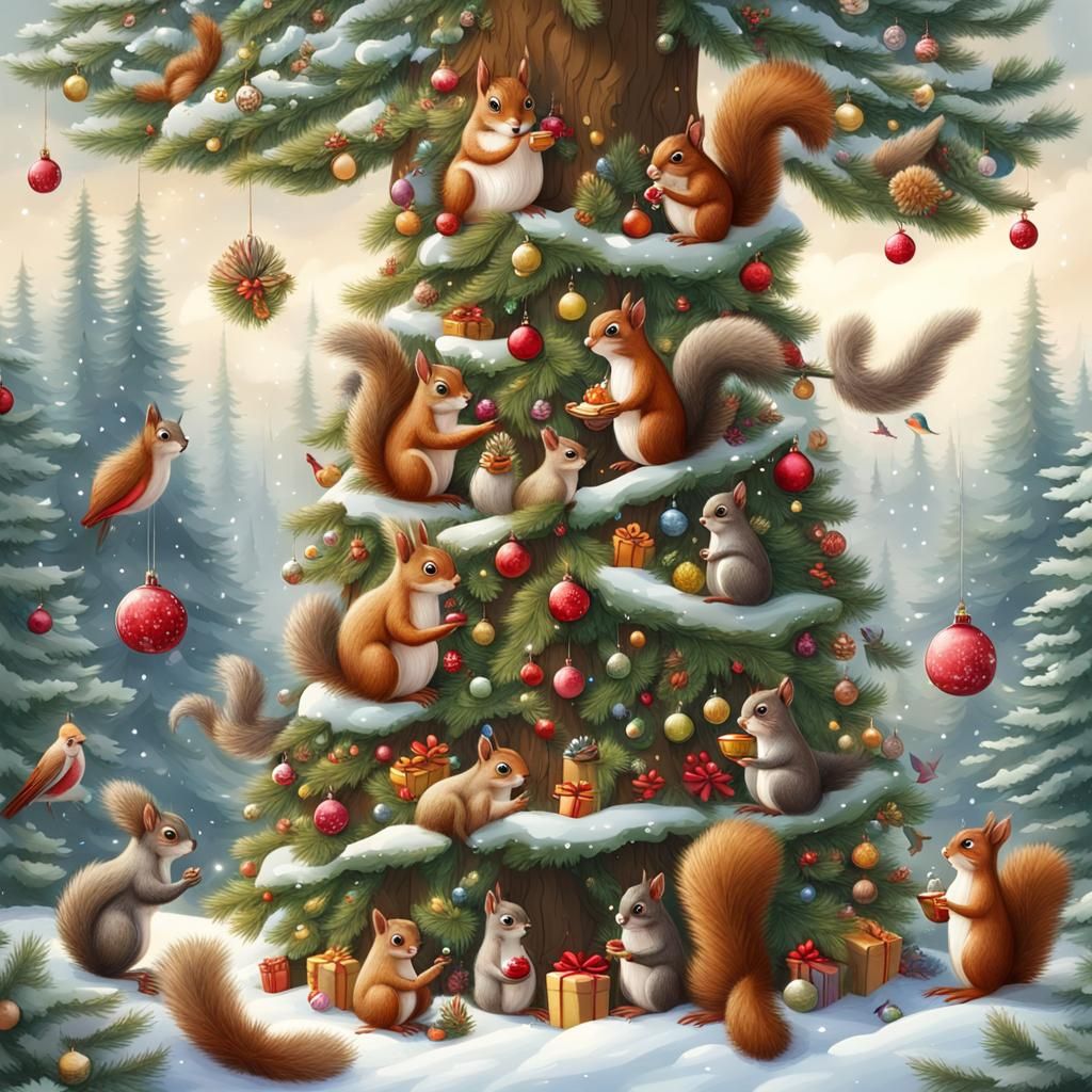 squirrels and birds decorating a large Christmas tree in the...