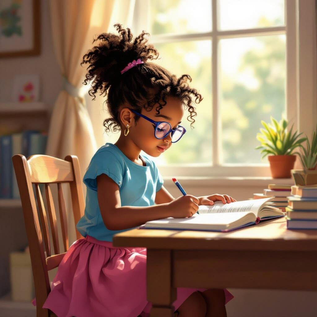 Black Girl Studying in Sunlight, Cheerful Illustration Style
