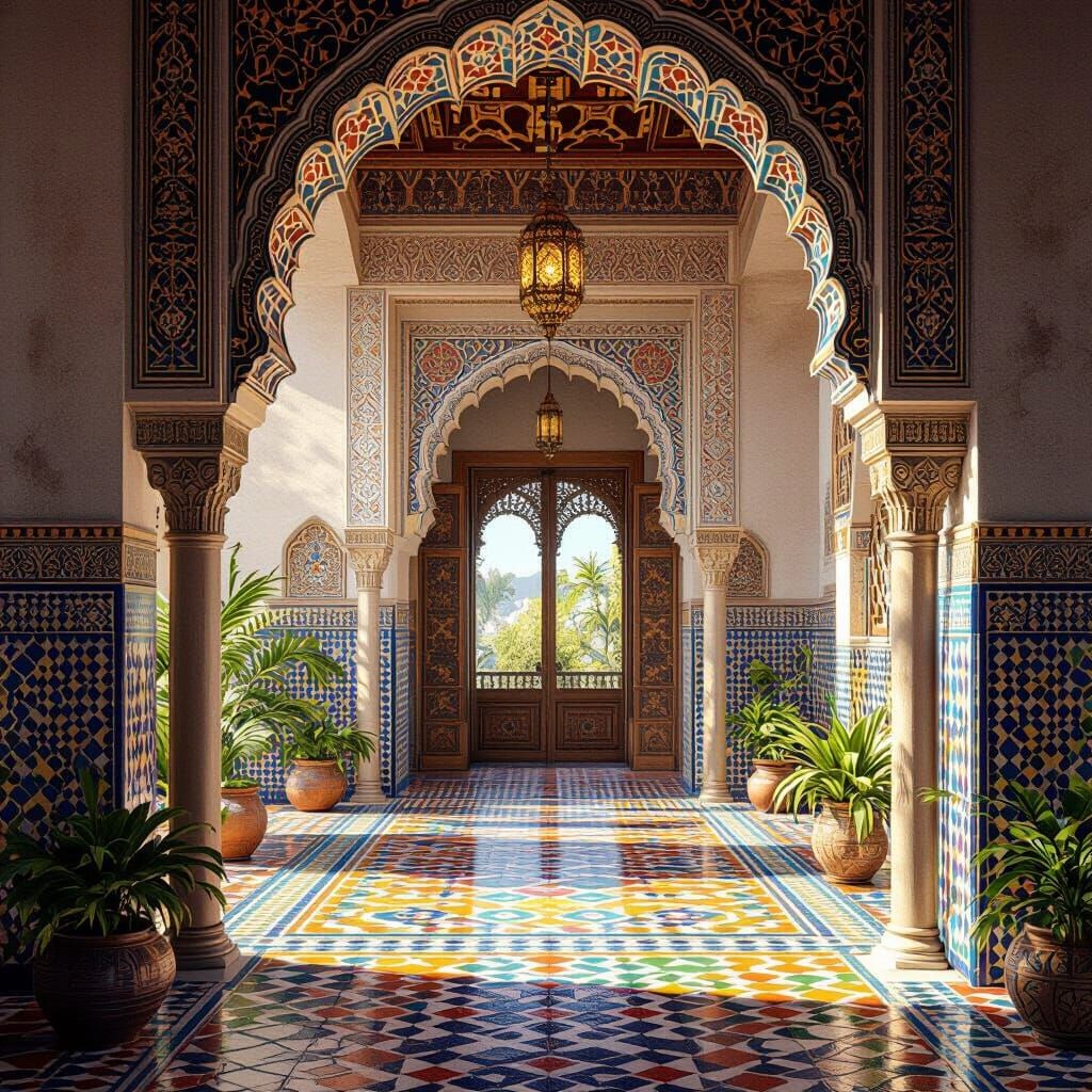 Moorish Villa Entrance with Intricate Mosaic Tile Art
