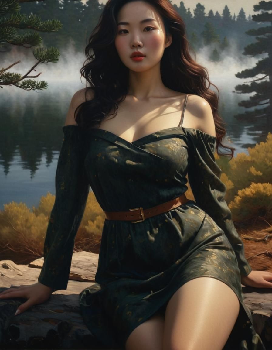 Korean Woman Lounging by Lake in Baroque Style