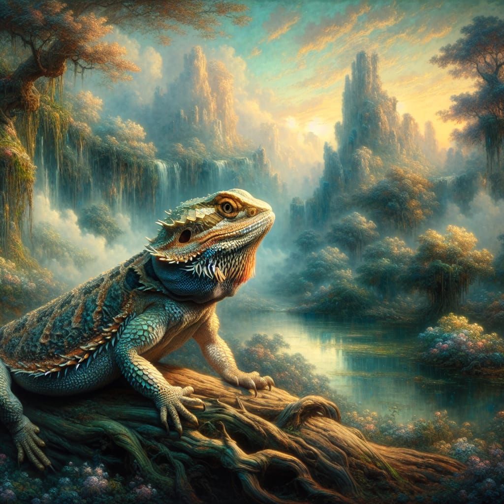 Bearded Dragon in Ethereal Romantic Landscape
