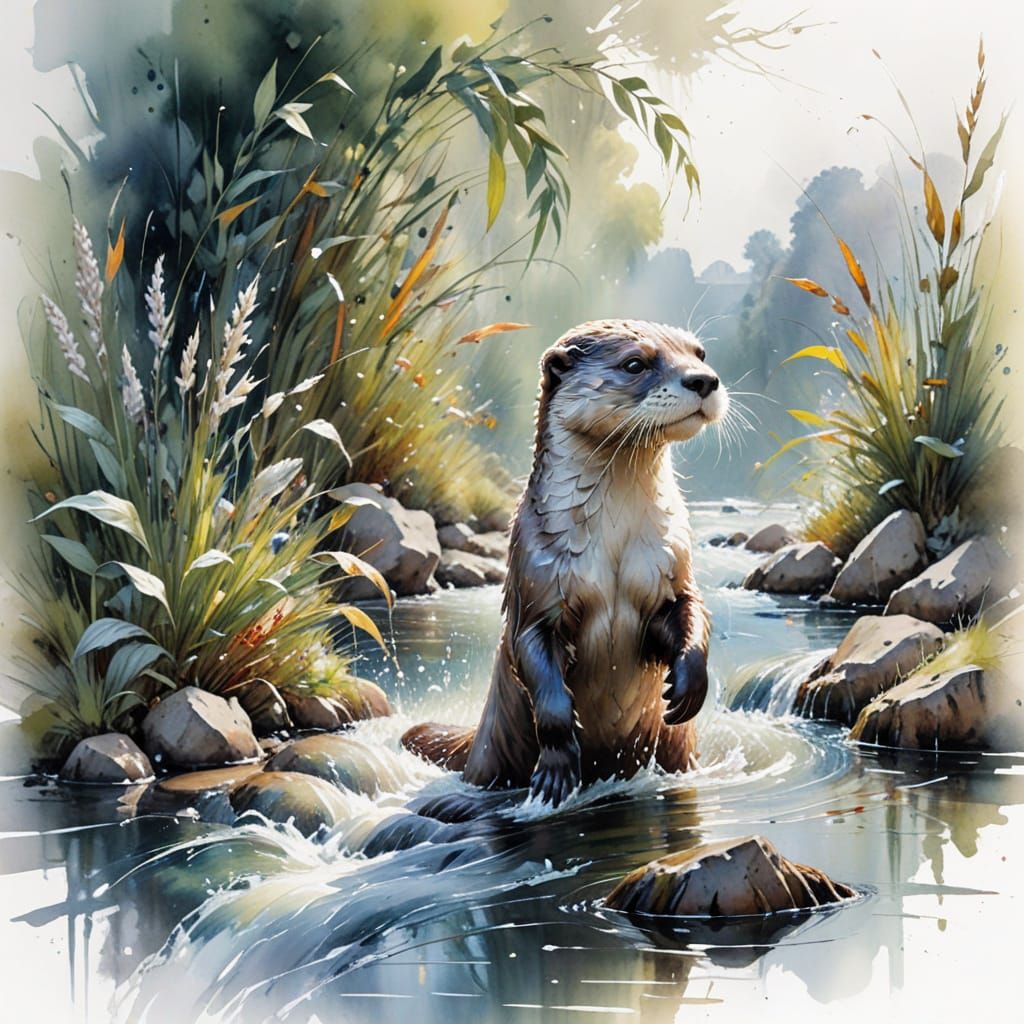 Playful Otter in Stream: Watercolour Painting