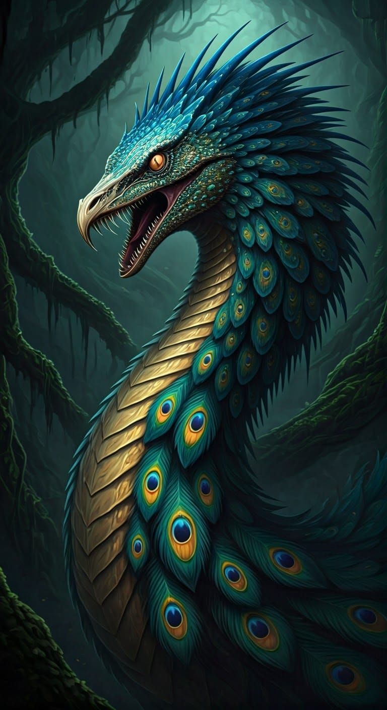 Demonic Python-Peacock Hybrid in Shadowy Jungle