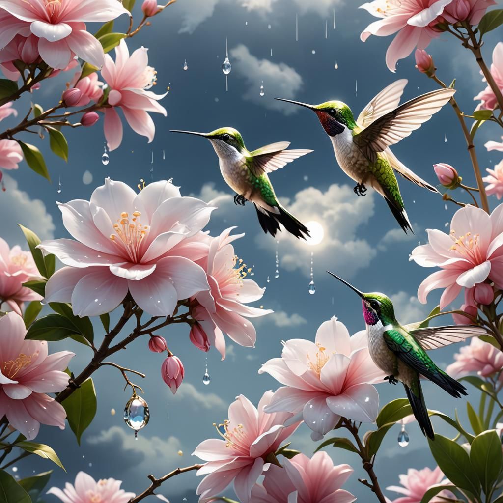 Hummingbird and Giant Gardenia in Anime Style