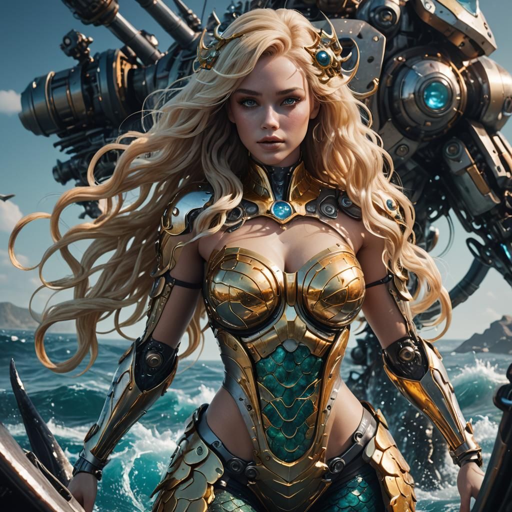 Blonde Mermaid vs Sea Monsters in Sci-Fi Style