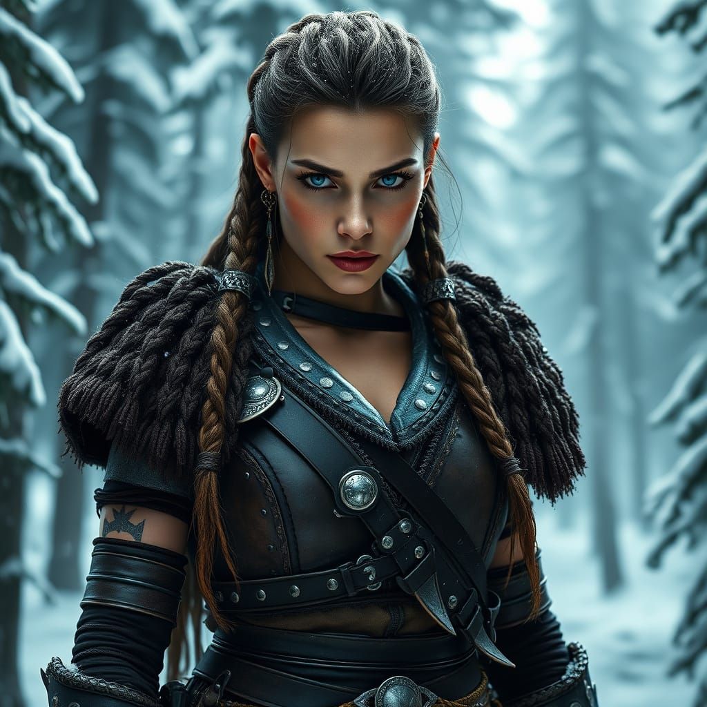 Snow-Covered Barbarian Warrior in a Majestic Forest