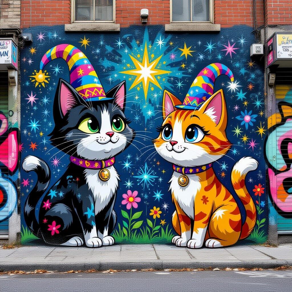 Magical Graffiti Art on Street Wall in Cartoon Style