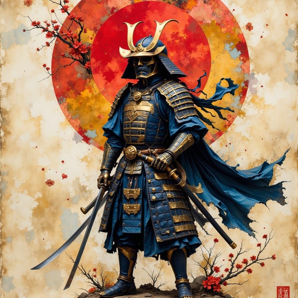 Samurai Warrior in Detailed Armor with Sun and Blossoms