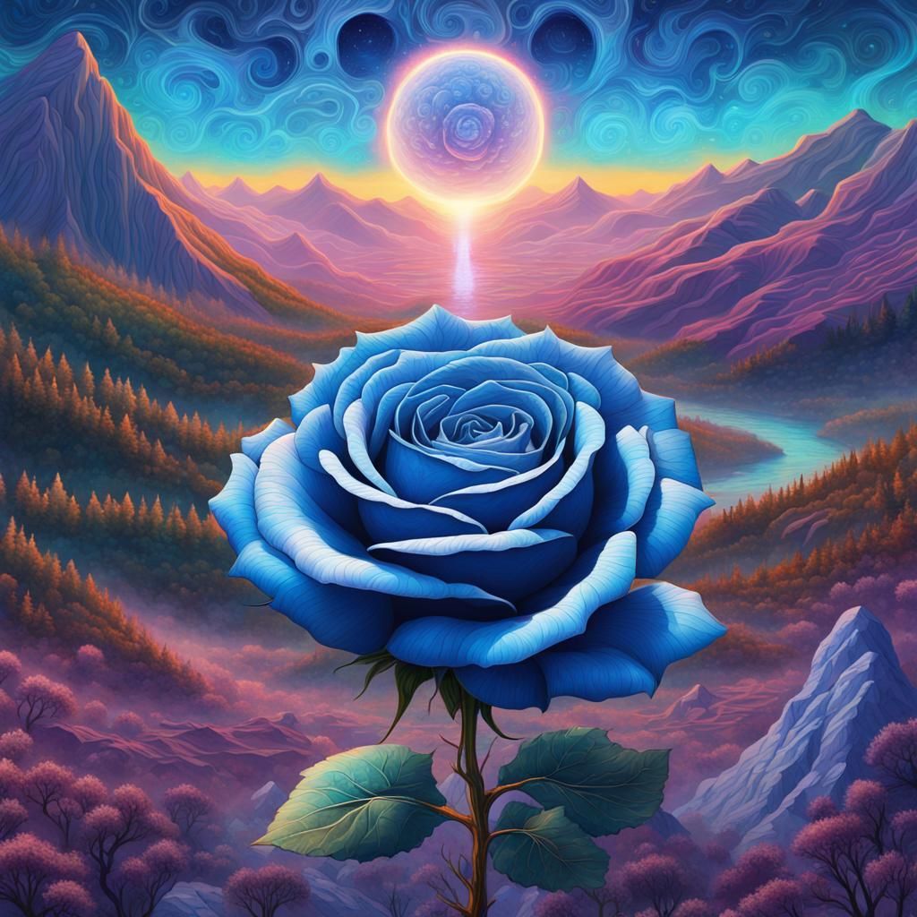Giant Blue Rose in Mountain Valley: Cosmic Illustration