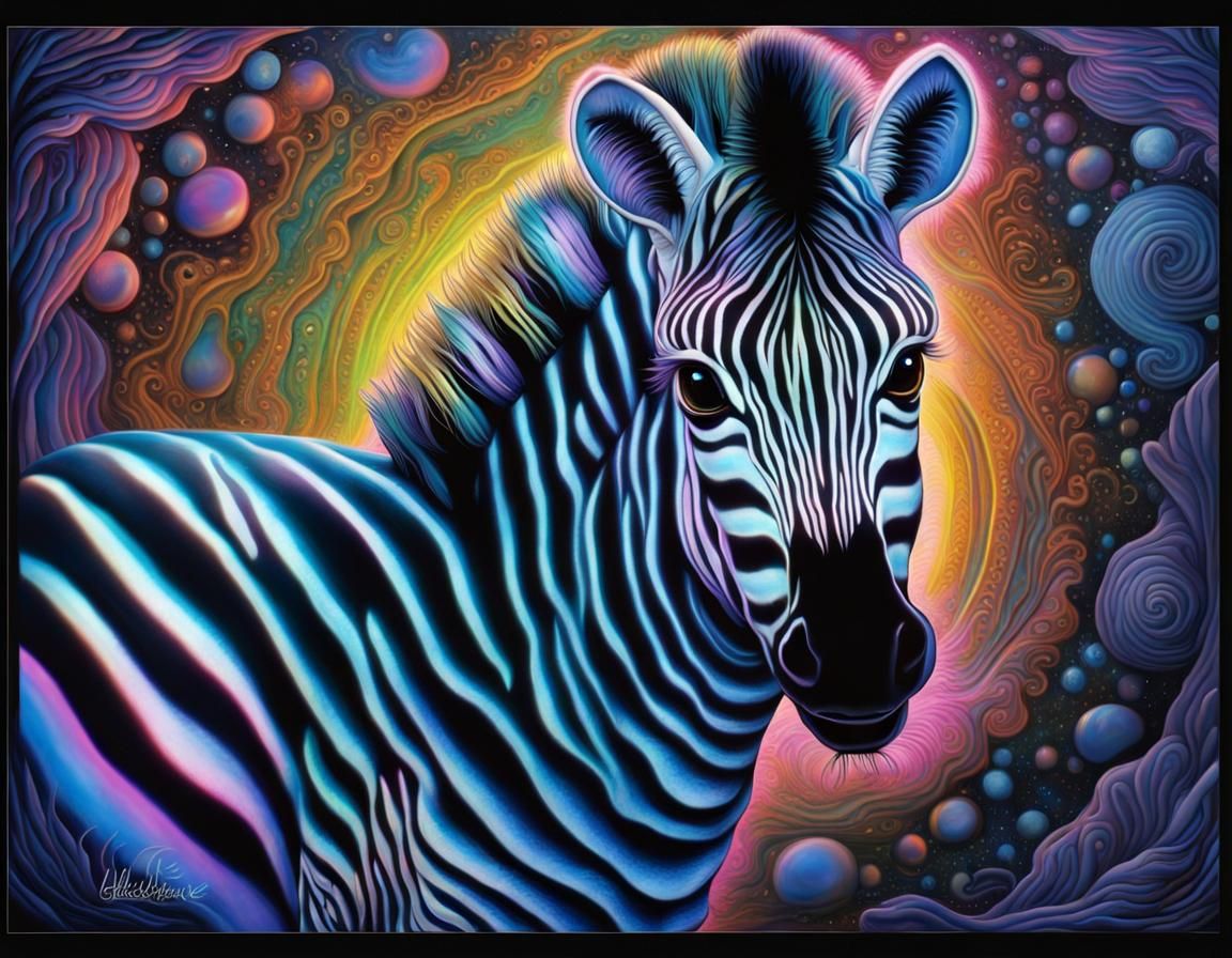 Iridescent Zebra Portrait in Blacklight Aesthetic