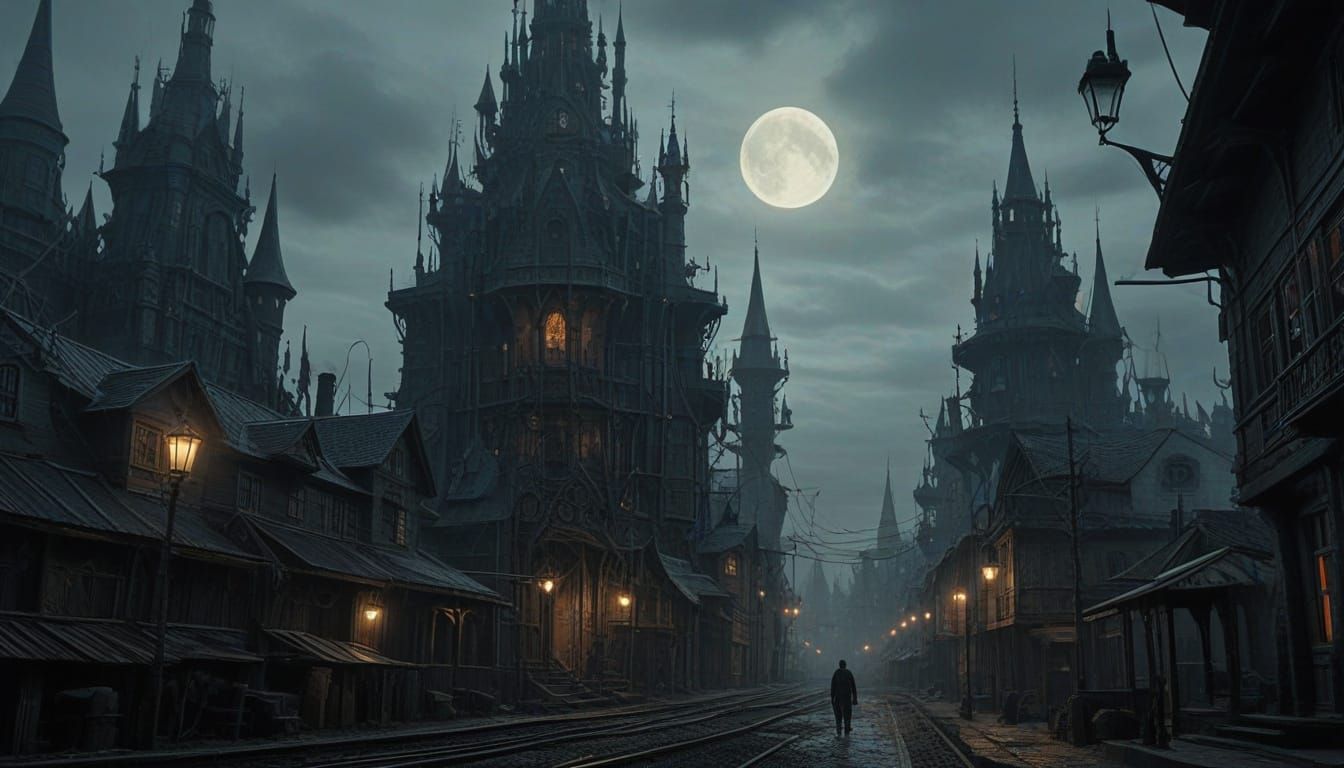 Gothic Steampunk Metropolis in Perpetual Twilight
