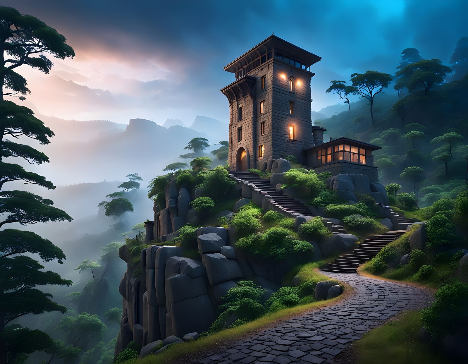 Mystical Sandstone Tower in Ancient Forest: Fantasy Art