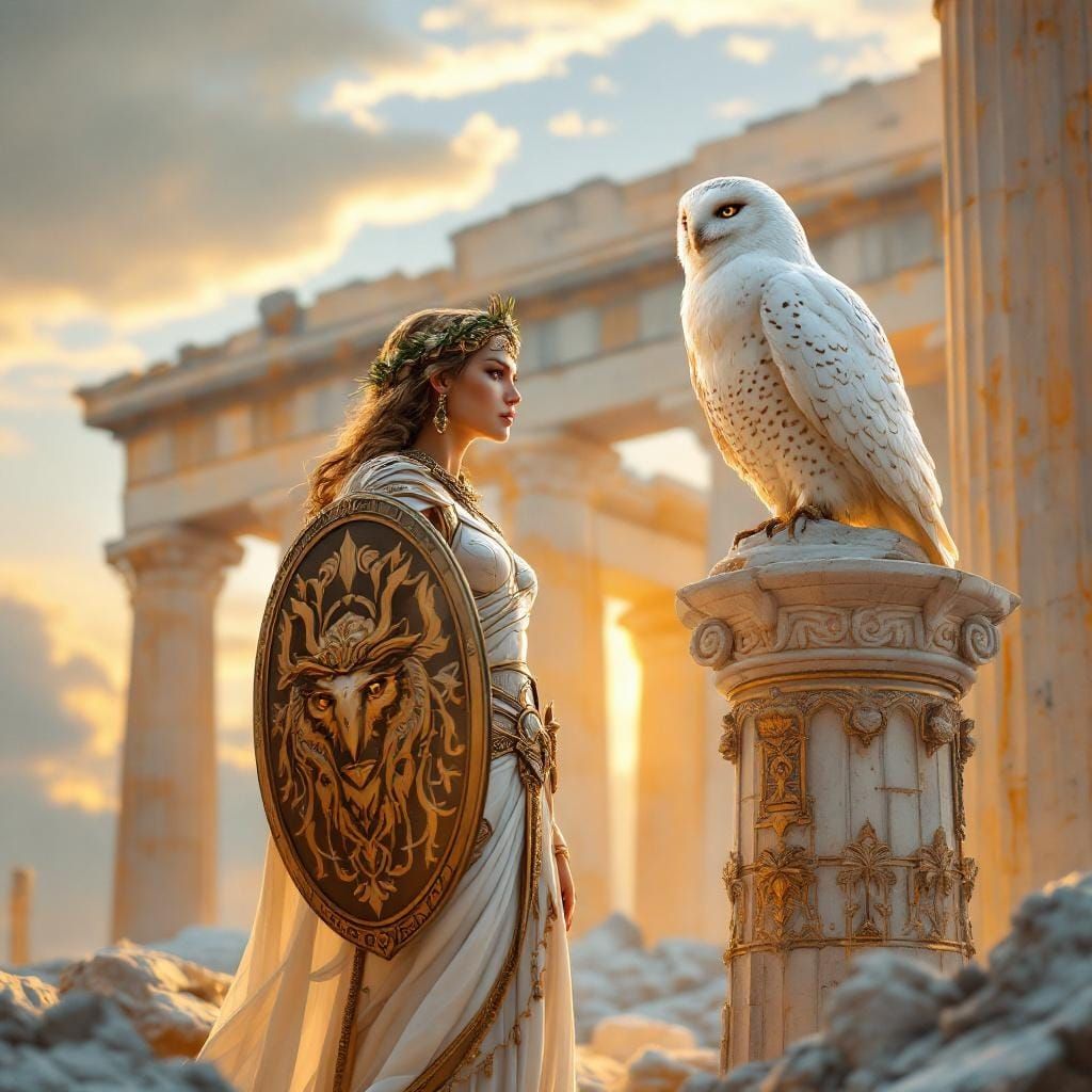 Athena in Parthenon Ruins at Dawn, Photorealistic