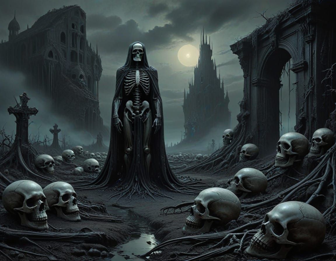 Surreal Skeleton Landscape in Dark Surrealist Style
