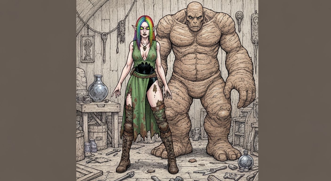 Elven Wizard and Clay Golem in Pen and Ink Style