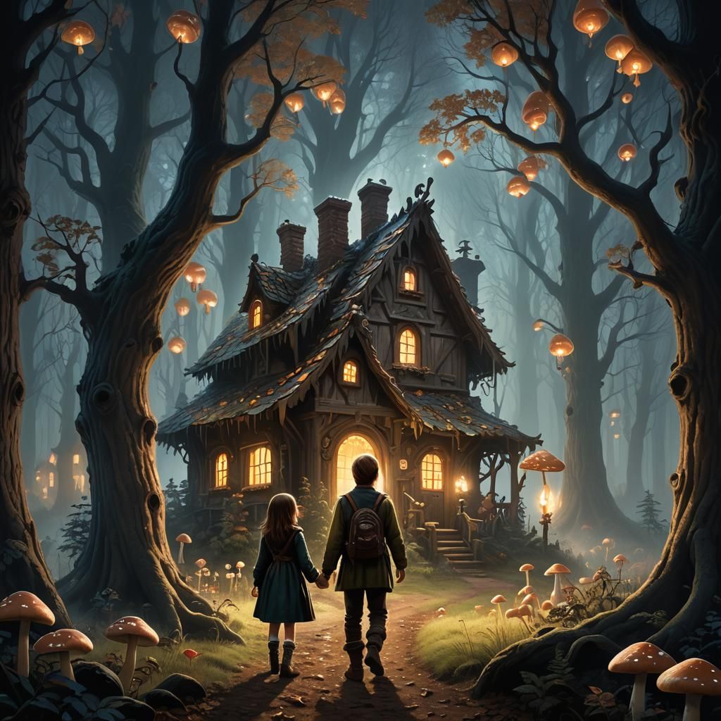 Hansel and Gretel in Dark Mystical Forest