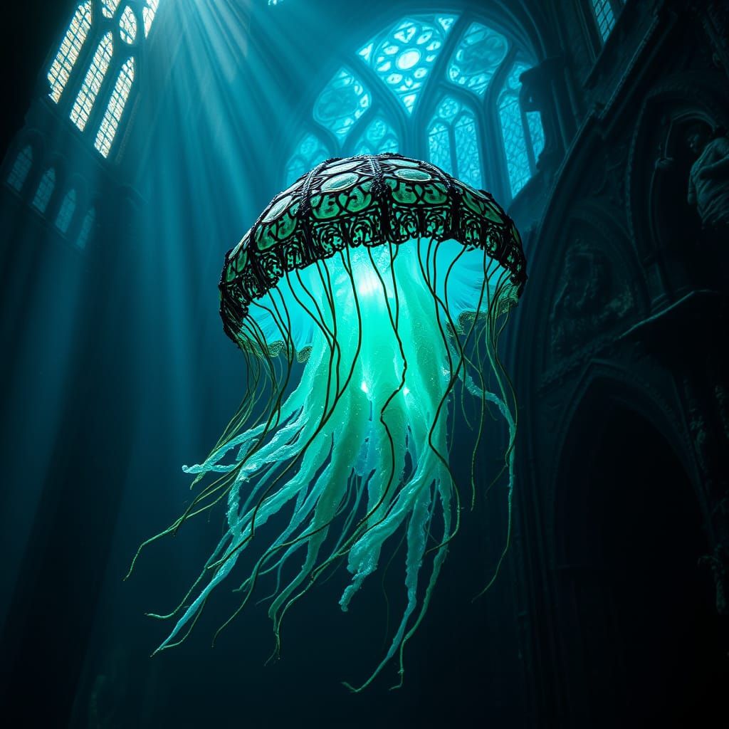 Bioluminescent Jellyfish in Sunken Gothic Cathedral
