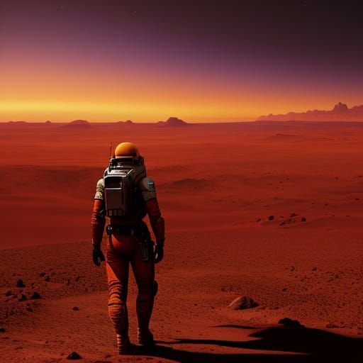 Astronaut on Red Planet with Nebula Sunset