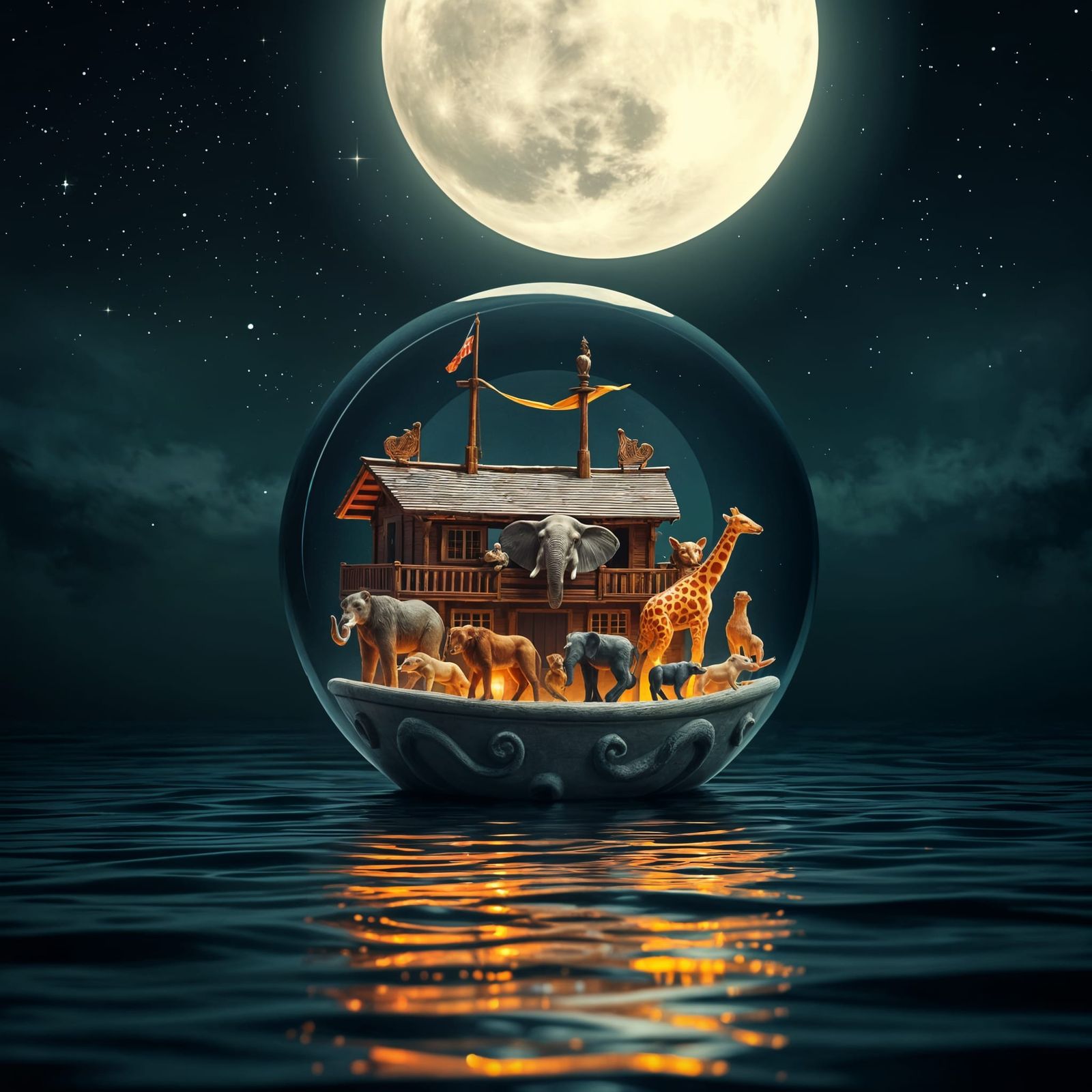 Daily Challenge #687: Orbs - Noah's Ark in an orb floating under a full moon