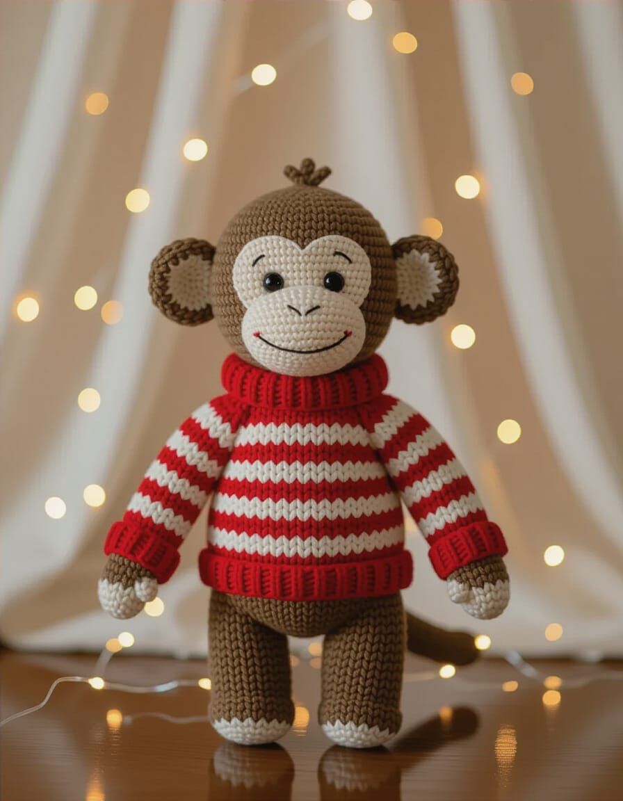 Knitted Monkey Toy with Red Sweater