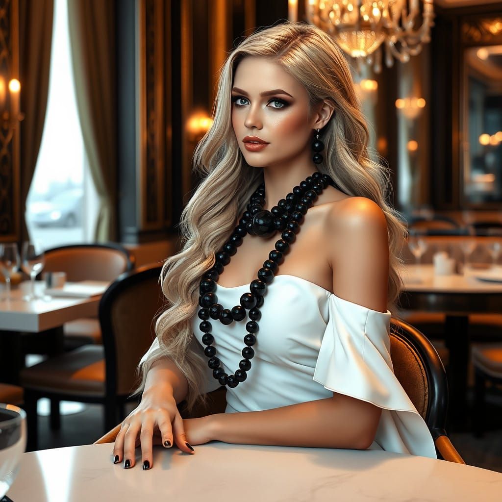 Elegant Blond Woman in Upscale Restaurant Fantasy Art