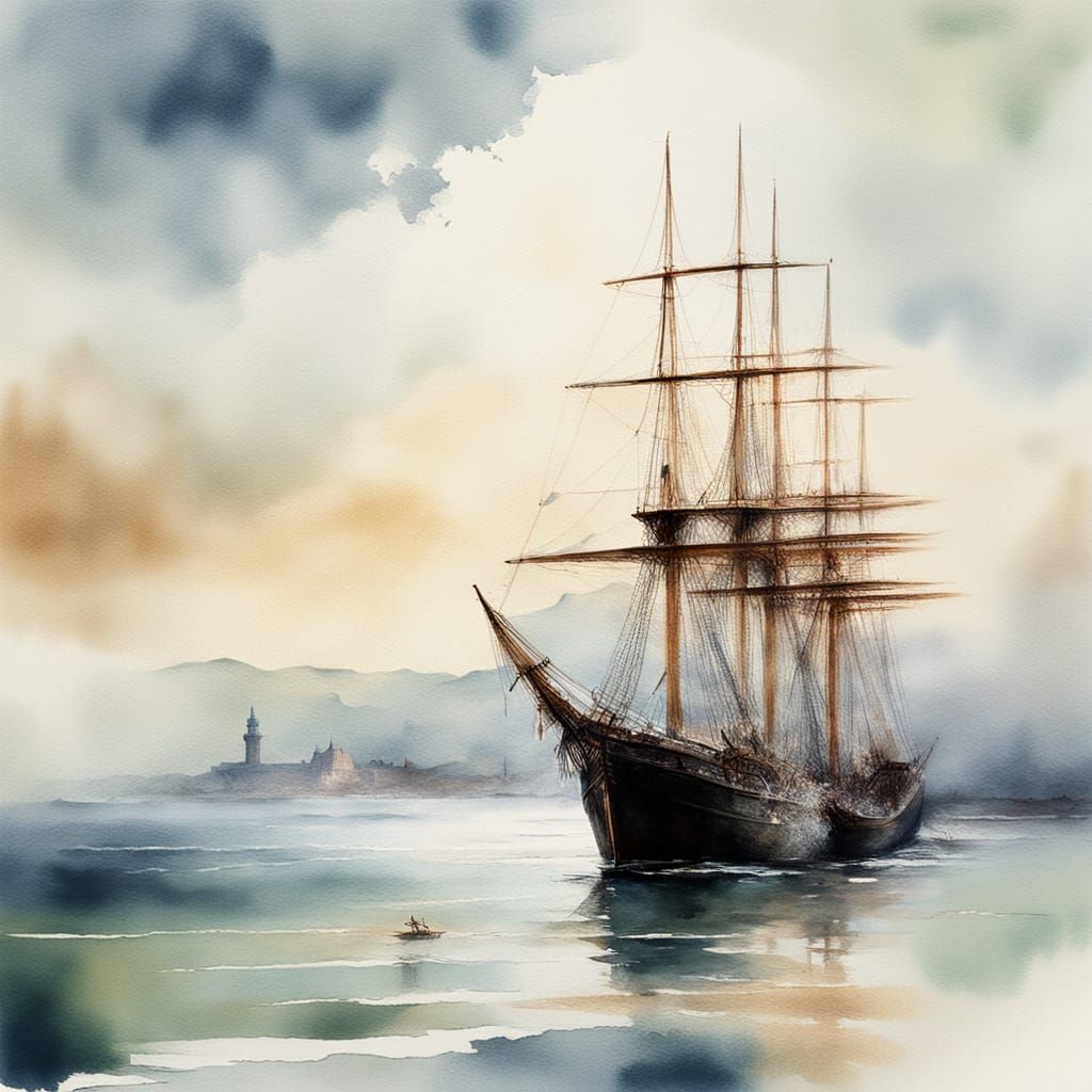 Coastal Village Scene in Dreamy Watercolor Style