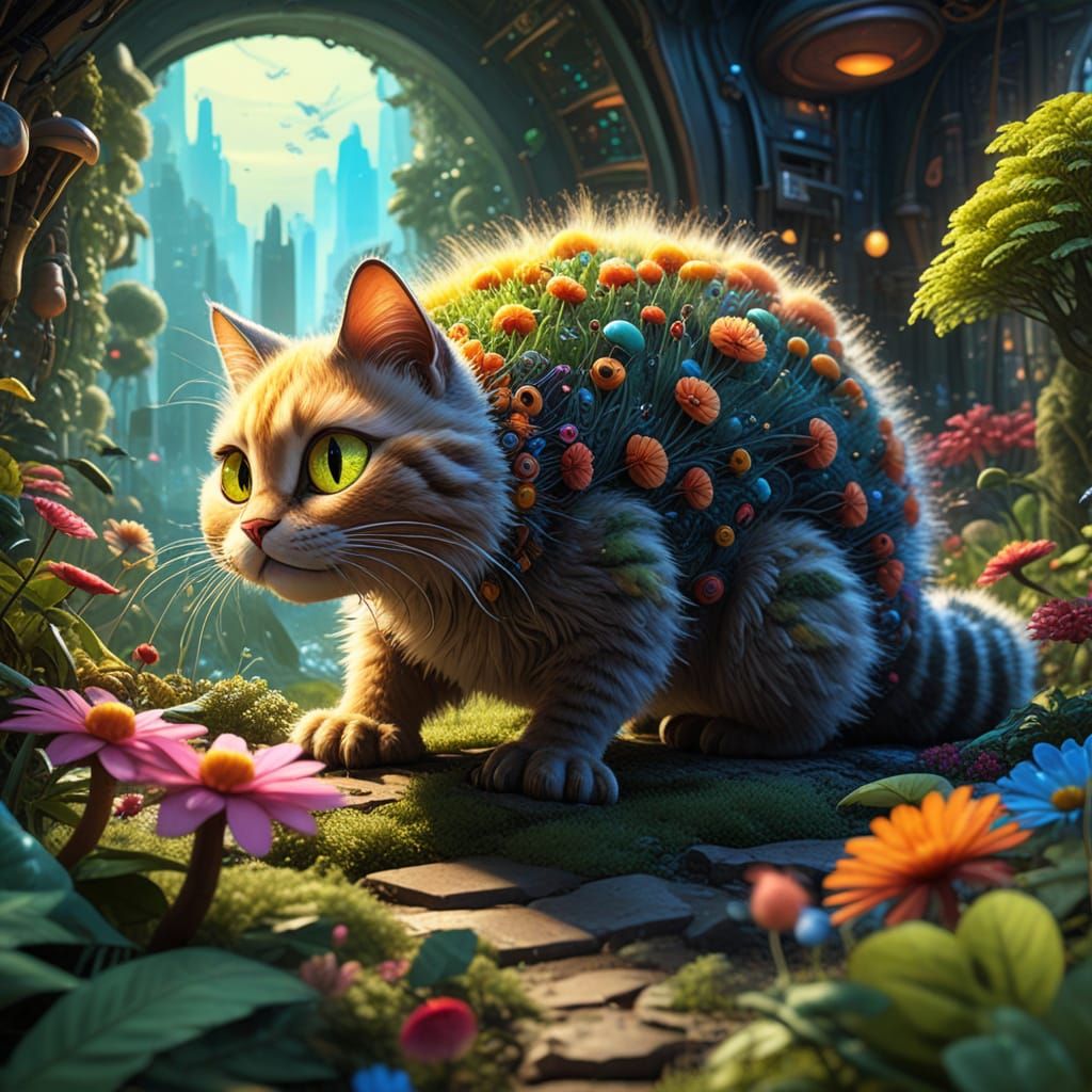 Fuzzy Cat Caterpillar in Vibrant Botanical Garden