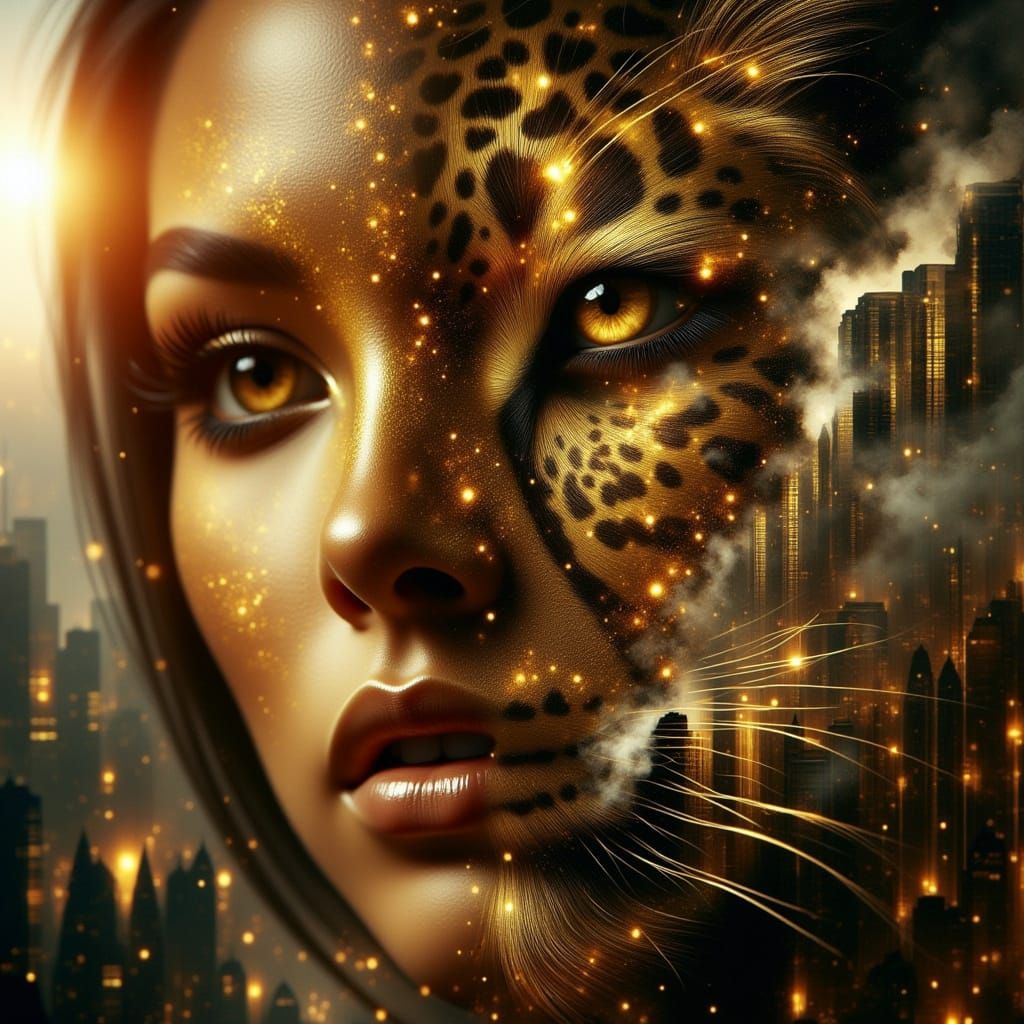 Glamorous Woman Meets Leopard Hybrid in Golden Metropolis