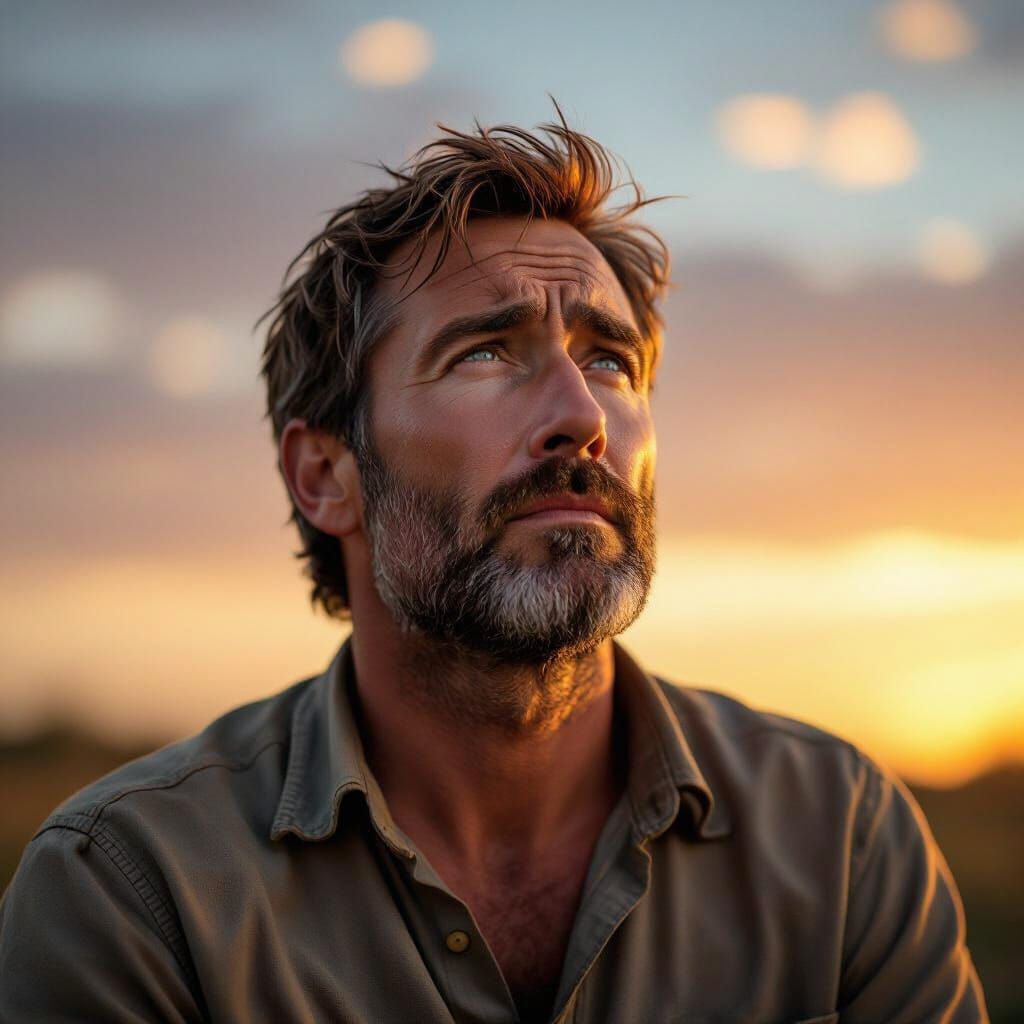 Hopeful Man Seeks Mercy Under Dramatic Sunset Sky