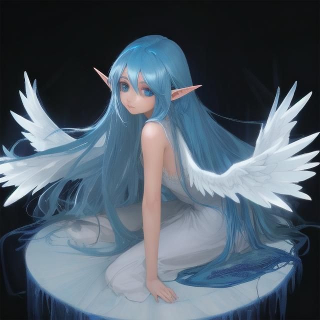 Blue-Haired Elf with Wings Fantasy Portrait