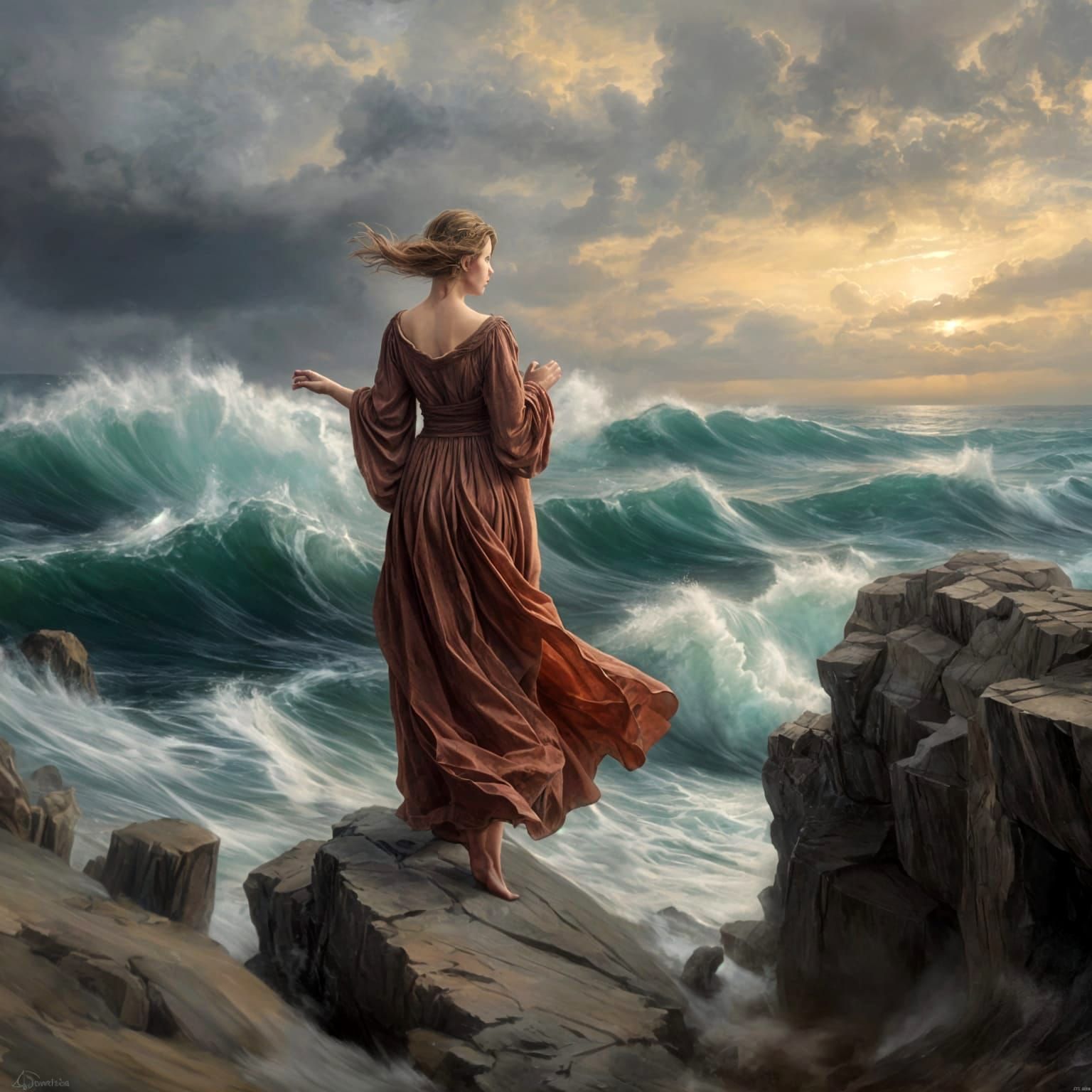 Medieval Woman on Cliff Overlooking Stormy Sea