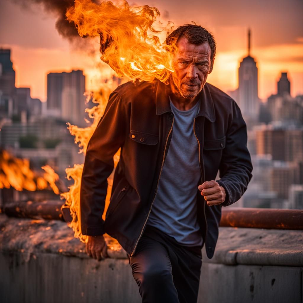 Man Self-Ignited in Fiery Cityscape Sunrise