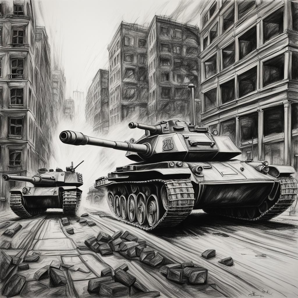 Tanks Destroying City: Hyperdetailed Charcoal Drawing