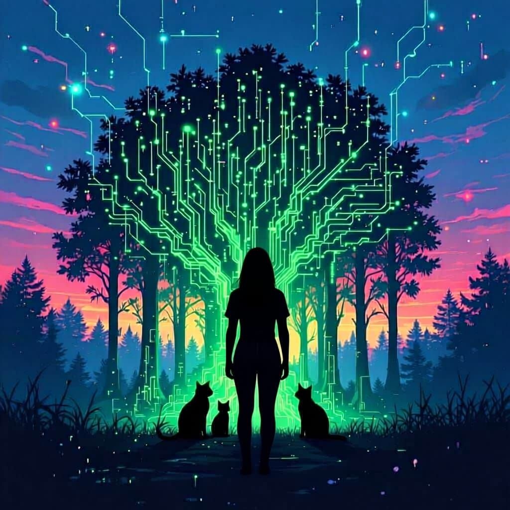 ASCII Forest with Woman and Cats in Neon Glow