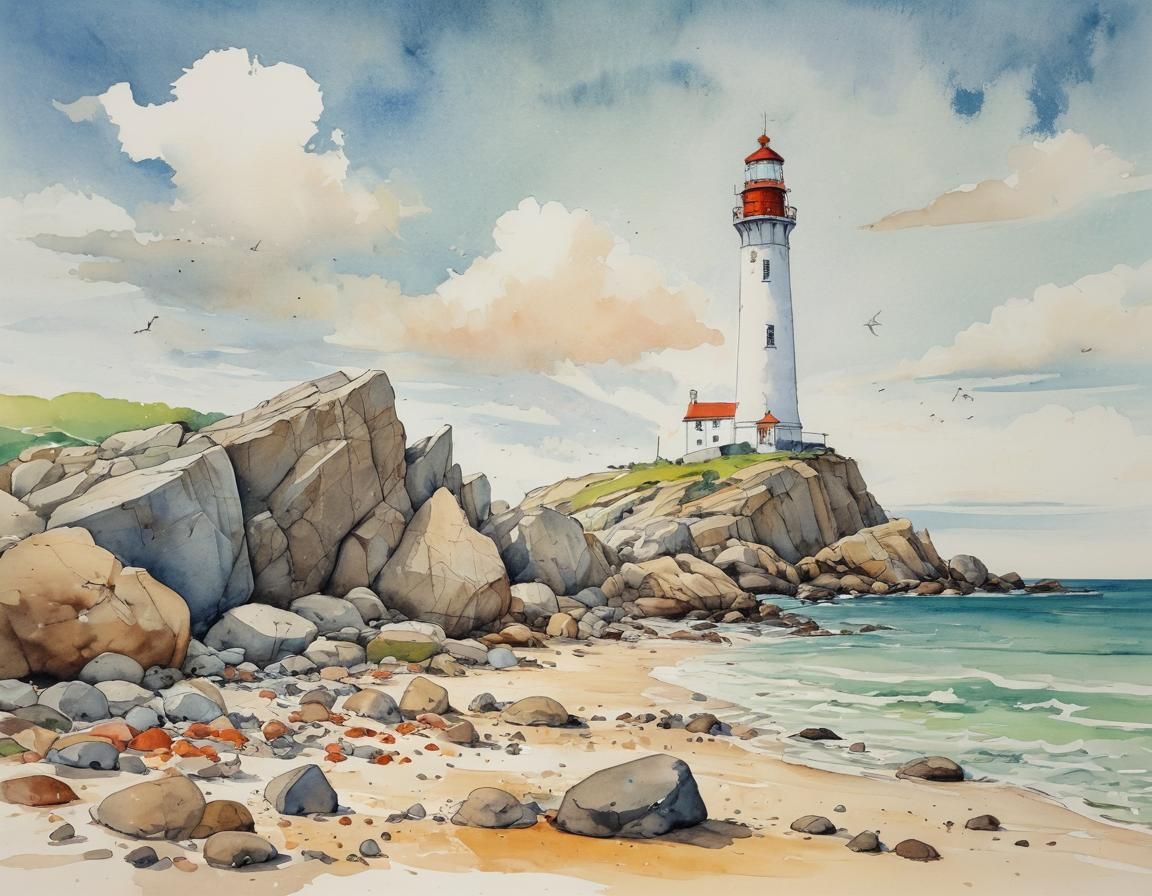 Lighthouse on Rocky Beach in Quentin Blake Style