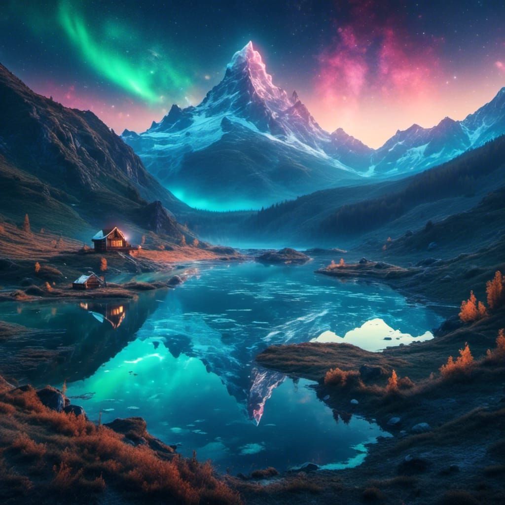 Aurora Borealis Over Glacier Lake: Digital Art